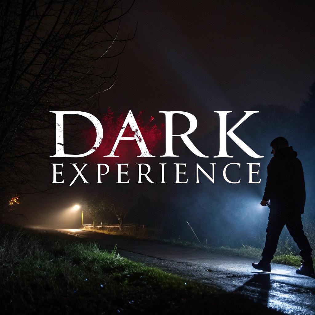 Immagine storica Dark Experience: una persona cammina di notte in un ambiente buio rischiarato da fasci di luce.